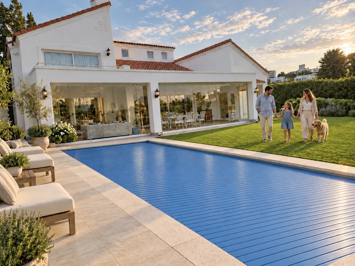 Ambientación de una familia y su perro en el jardín, junto a una piscina con la cubierta desplegada