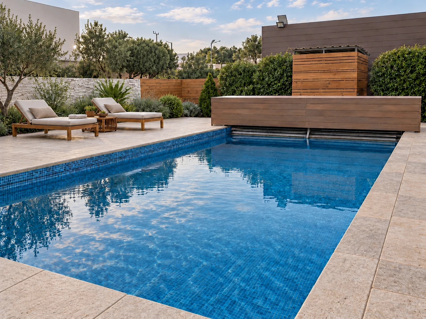 Modelo Mediterráneo con cajón de madera y terraza de piedra natural mate y rugosa alrededor de la piscina, con luz de atardecer