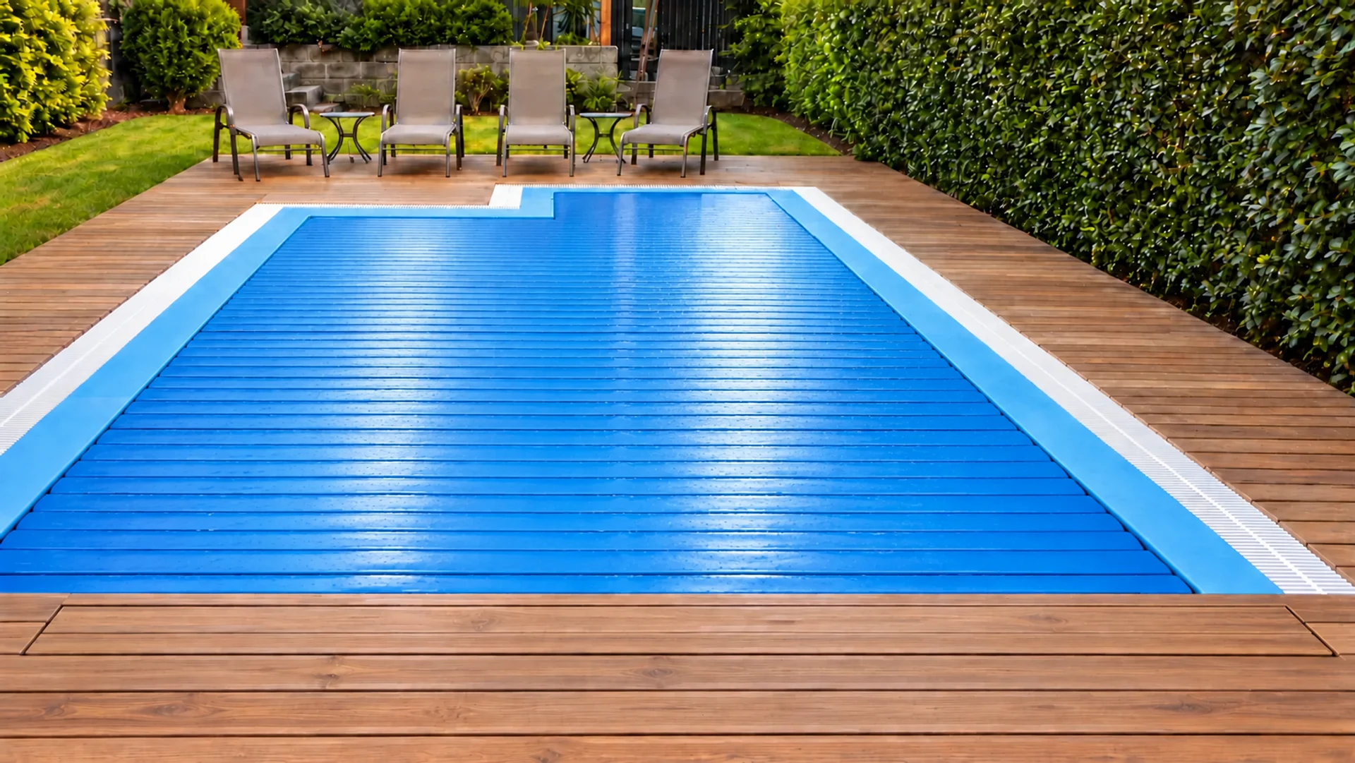 Cubierta automática Hidden de láminas azules desplegada sobre una piscina, con mecanismo oculto bajo una tapa al ras de la terraza de madera