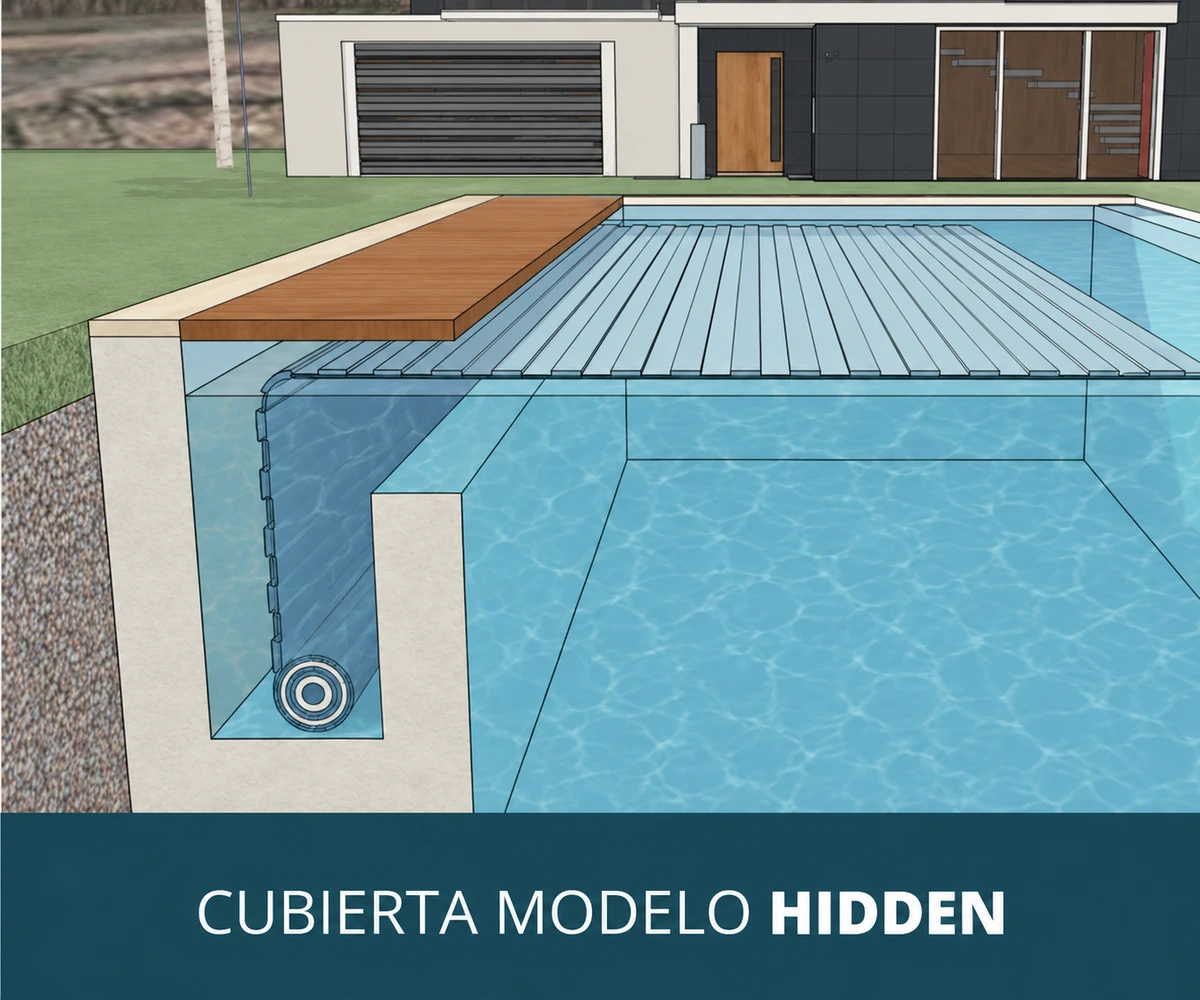 Esquema técnico de Hidden: mecanismo sumergido oculto bajo una tapa integrada al extremo de la piscina