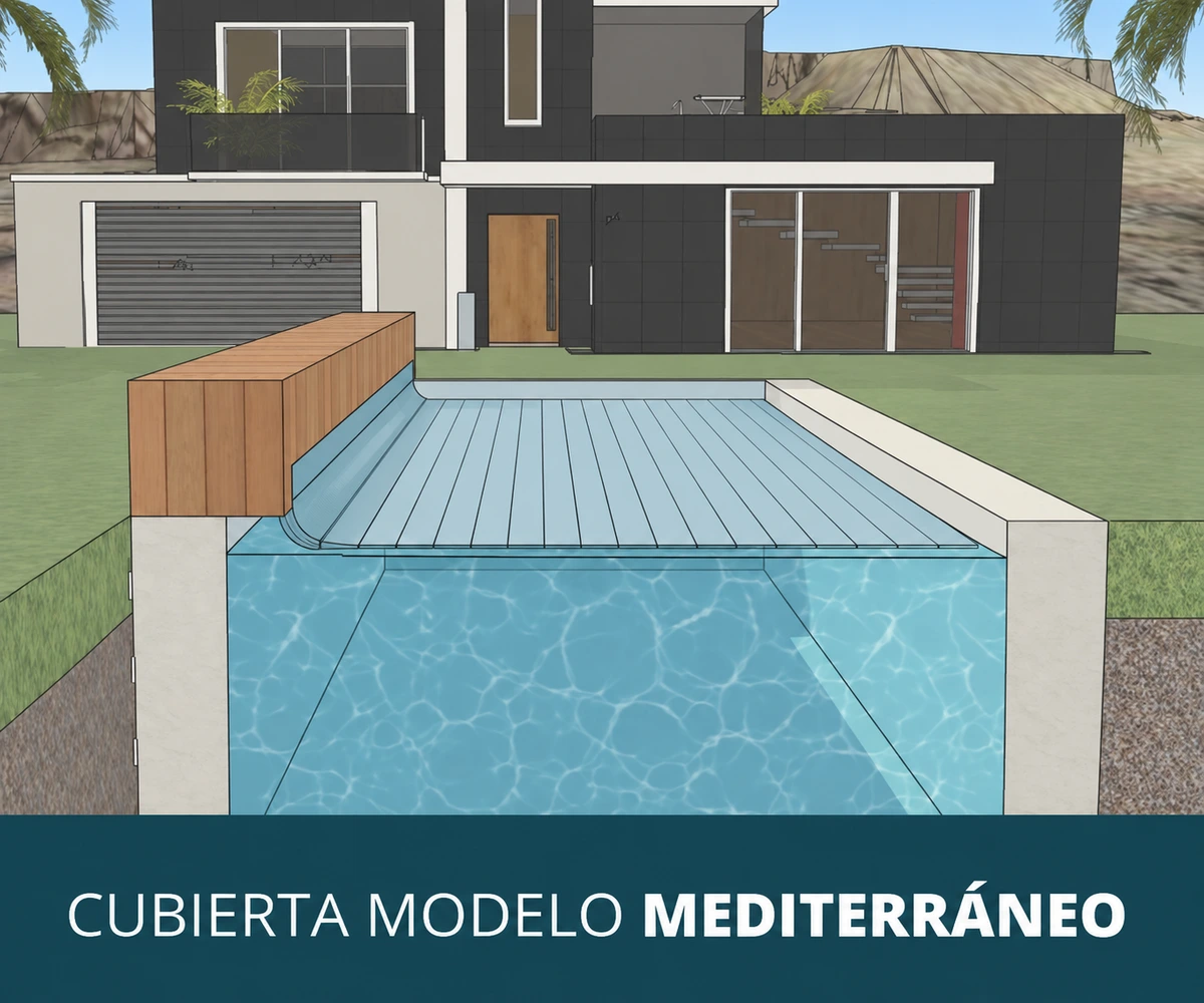 Esquema técnico de Mediterráneo: mecanismo exterior de recogida junto al borde de la piscina