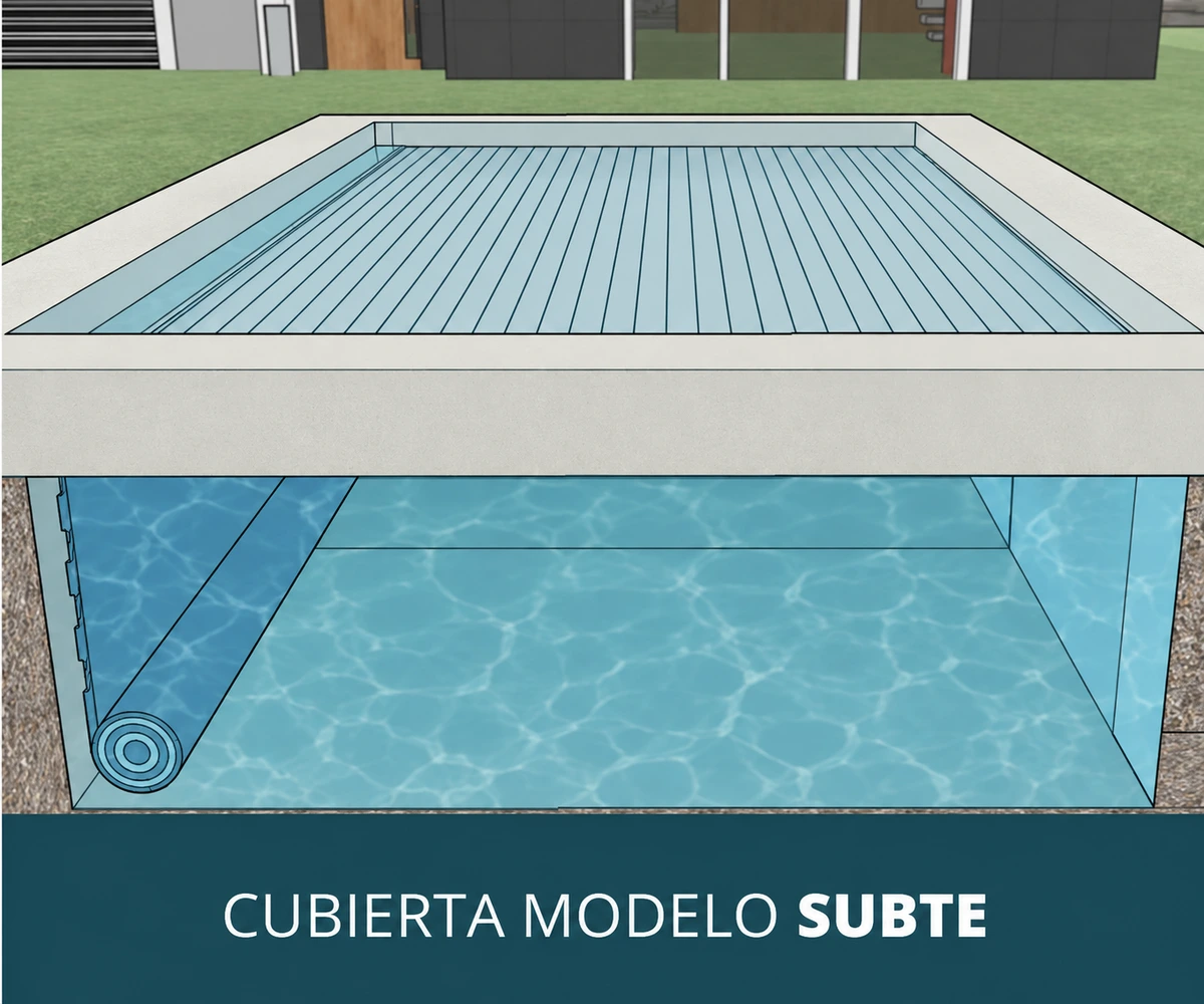 Esquema técnico de Subte: eje de recogida sumergido dentro de la piscina, sin cajón ni tapa exterior